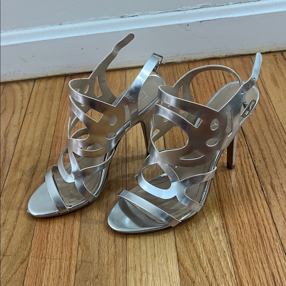 BCBG Metallic Silver Strappy Heels